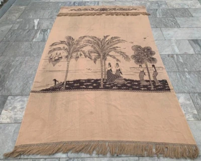 Vintage Hand Printed Palm Trees Pictorial Curtain Elegant Home Decor 5x8 ft - Image 1 of 4