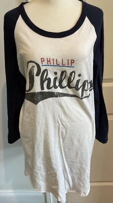 Phillip Phillips 大号 14 英寸棒球球衣 Raglan T 恤白色带蓝色袖子 — 第 1/4 张图片
