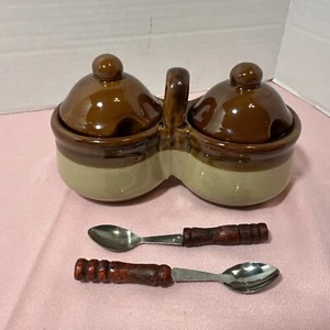 Servizio pentole condimento marmellata salsa ceramica barattolo porta pentole diviso set + 2 cucchiai - Foto 1 di 9