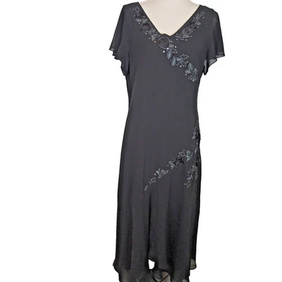 Adrianna Papell Talla 16 Vestido Largo Maxi Negro Vestido Cuentas Floral Foto 1 de 4