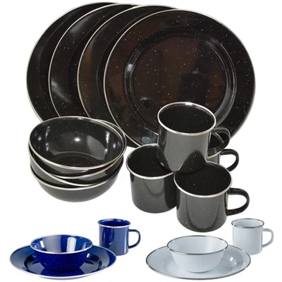 Emaille Essgeschirr 12-tlg. Camping Outdoor 4 Personen Teller Becher Schüssel - Bild 1 von 2