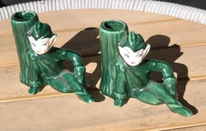 Vintage Green Pixie Elf Porcelain leaning on Stump Bud Vase Lot of 2 - Picture 1 of 9