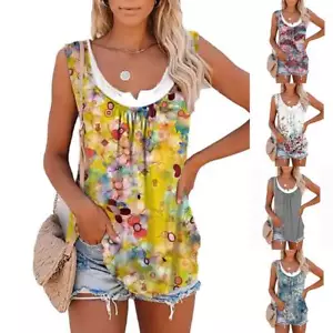 Womens Floral Summer V Neck Cami Tank Tops Ladies Sleeveless Vest T-Shirt Blouse - Picture 1 of 21