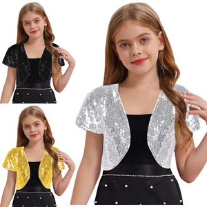 Girls Glitter Bolero Shrug Sequins Jacket Cape Open Front Cardigan Disco Dance - Picture 1 of 19