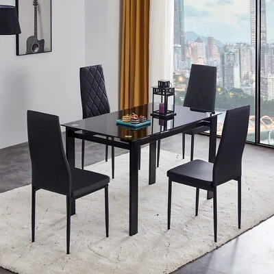 Juego de Mesa de Comedor 5 Piezas Mesa de Comedor Rectangular con 4 Sillas Tapizadas Negro Foto 1 de 4