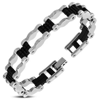 Brazalete de cadena de eslabones de acero inoxidable negro tono plata de dos tonos para hombre, 8" Foto 1 de 3