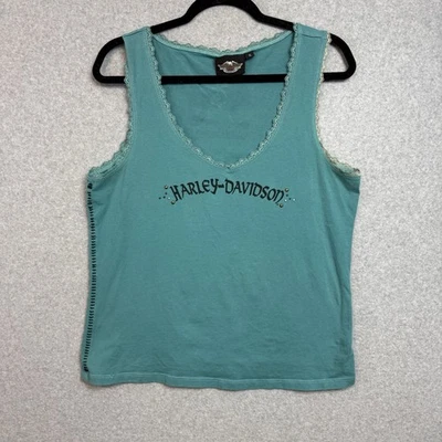 Camiseta sin mangas Harley Davidson para mujer XL Y2K azul verde azulado borde de encaje Foto 1 de 4