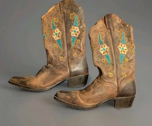 Vtg Floral JB Dillon Western Cowboy Boots Women's 6B JBM2308 Turquoise Stitching - Picture 1 of 10