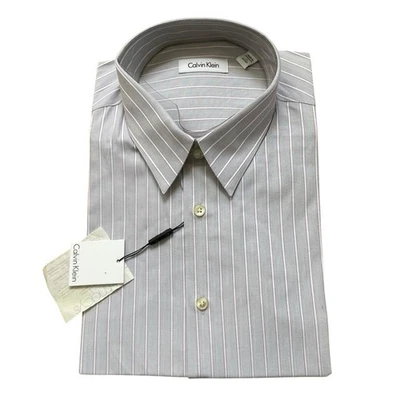 Camisa Calvin Klein Abotonada Hombres Talla Cuello 17 Gris Blanco Púrpura Pin Rayas Nueva con Etiquetas Foto 1 de 4