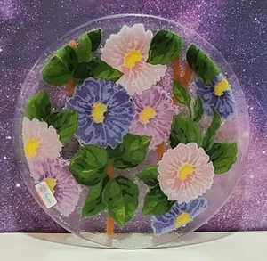 2007 Peggy Karr 11" rosa & lila Blumen runder Teller verschmolzen Kunst Glas signiert - Bild 1 von 9