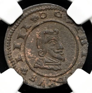 COLONIAL ERA SPAIN. Philip IV, 1621-1665. 8 Maravedis, 1663, NGC MS UNC Details - Picture 1 of 4
