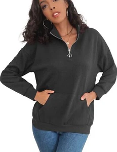 Women Long Sleeve Quarter Zip Solid Pullover Sweatshirt (Dark Gray, XXL) - Picture 1 of 6