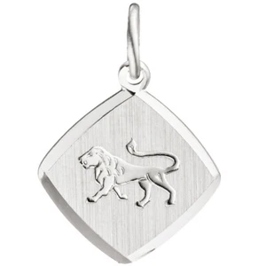 Zodiac Sign Lion 925 Silver Rhombus Partially Matted Rhodium Plated Pendant - Picture 1 of 1