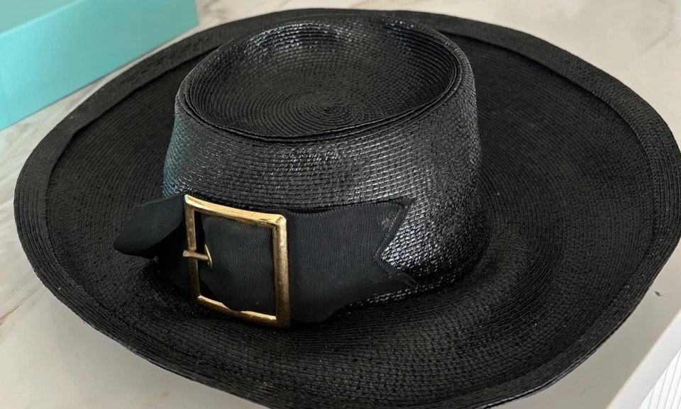 Frank Olive Back Straw 夏季德比/教堂帽子,金扣。 Never Worn — 第 1/4 张图片