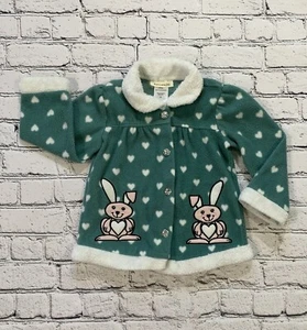 Vintage Toughskins Girls' Size 3T Green Fleece Jacket Bunnies/pokaDot Button Up - Picture 1 of 13