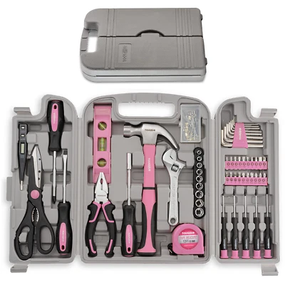 TOUGHHUB 56 Pcs Pink Tool Kit For Home Repair DIY Tool Set With Hammer Screwdriver Plier