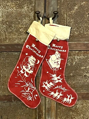 2 Vintage Style Red Felt Merry Christmas stockings Jingle Bells Santa Reindeer
