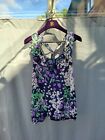 Forever 21 Blue Purple White Floral Rayon Ruffle Racer Back Blouse Top L
