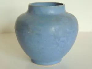 Vintage Brush Mccoy Art Vellum Pottery 6 1/4" Mottled Matte Blue Vase 1930s Deco - Picture 1 of 9