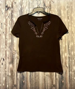 High Sierra Womens Embroidered Brown V-Neck Top Shirt Size L Cotton Spandex - Picture 1 of 6