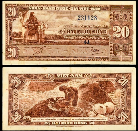 1962 South Vietnam 20 Dong Banknote, Woman threshing grain, Ox Cart, VF Cover