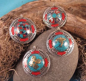 One 1 Large Handmade Metal Filigree Pendant Coral Turquoise Lapis Fair Trade - Picture 1 of 4