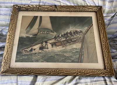 РЕДКАЯ антикварная литография 1887 г. для яхт парусного спорта печать на приборной панели вокруг светового корабля Davidson - Изображение 1 из 4