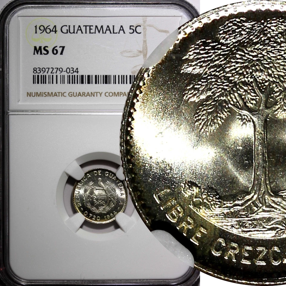 GUATEMALA Silver 1964 5 Centavos NGC MS67 GEM BU MINT LUSTER KM# 261 (034) - Image 1 of 4