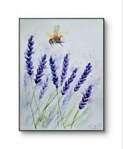 Large New original signed watercolour painting by Elle Smith Art. Bee & Lavender - Picture 1 of 8