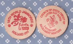 Wooden Coin  World Jamboree 1995  LDS Sacrament Meeting Attendee 1 ea. - Picture 1 of 1
