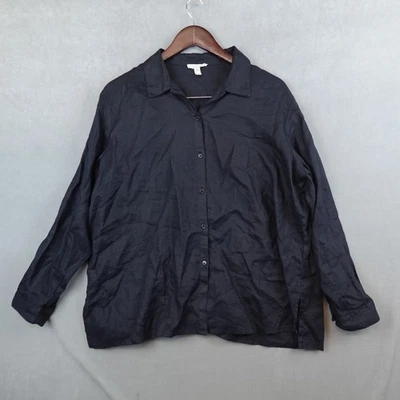 Eileen Fisher Shirt Womens PL Black Organic Linen Long Sleeves Top Collar - Image 1 of 4