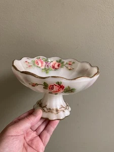 Antique Very Rare Nippon Milk Glass Pedestal Bowl w/ Hand Painted Flowers Signed - Picture 1 of 13
