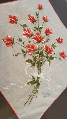 Vintage Dozen Roses Handkerchief of the Month by Burmel As Seen in Vogue 1940s - Image 1 of 4
