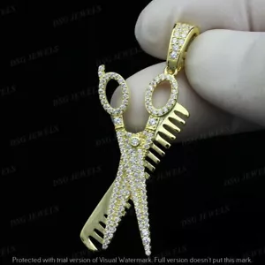 1.50Ct Lab Created Diamond Men's Scissors Charm Pendant 14k Yellow Gold Plated - Picture 1 of 3