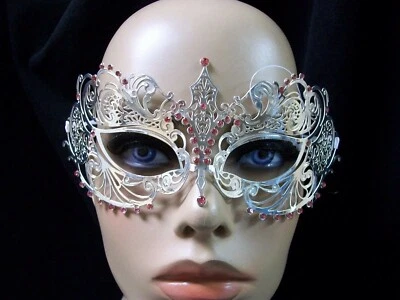 Fancy Silver Metal Filigree Eye Mask Pink Stones Renaissance Masquerade Venetian - Image 1 of 4