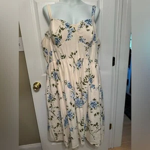 LC LAUREN CONRAD Dress Women's Size 2X Tan Floral Linen Blend Smocked Midi - Picture 1 of 8