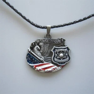 Vintage American Hero Officer Metal Charm Pendant Leather Necklace - Picture 1 of 4