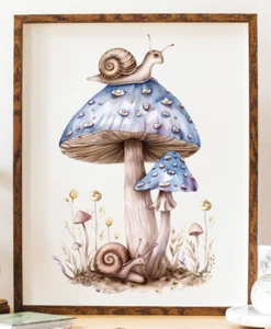 Mushroom Wall Art Print, Blue Mushrooms Wall Art Decor, Botanical Print #789 - Picture 1 of 2