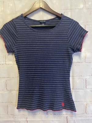 US Polo Assn Women's Medium Blue  Shirt Gold Metallic Stripe Red Trim Pony Logo - Image 1 of 4