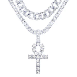 Silver Plated Ankh Cross Pendant 24" Tennis and Cuban Chain Necklace TCMP 209 S - Photo 1/3