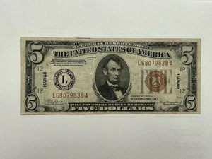 1934A $5 HAWAII WWII Emergency Issue Very Fine Federal Reserve Note! Rare - Picture 1 of 2