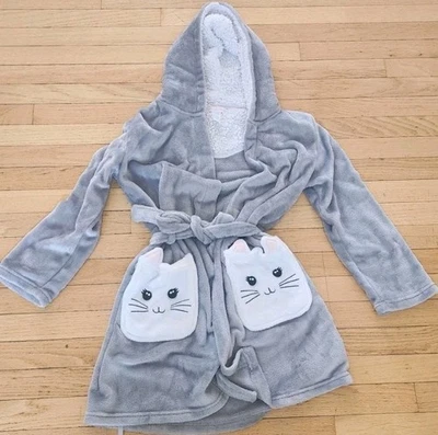 Girl’s Kitty Bath Robe Small Fleece Sherpa Robe Pockets Hooded - Image 1 of 2