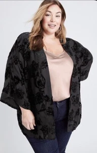 Neu mit Etikett Ryllace Seidenmischung Kimono offene Jacke Oberteil Plus 2X strukturierter Samt schwarz - Bild 1 von 4