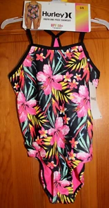 Girls HURLEY One Piece Swimsuit Bathing Suit Black/Pink Tropical Print Sz 5/6 - Picture 1 of 5