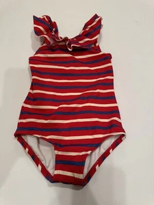 Hanna Andersson Sunblock One Piece Swim Suit Sz 4 Striped Red White Blue Ruffle - Picture 1 of 7