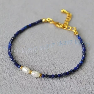 3mm Natural Blue Lapis Lazuli Faceted Gems Round Beads White Pearl Bracelet 7.5' - Picture 1 of 6