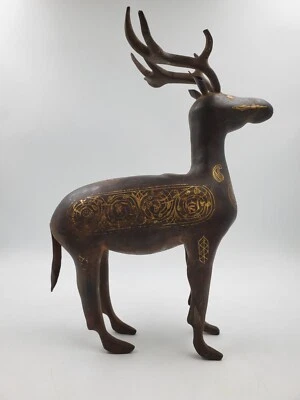 Antigo animal cervo de aço damasceno Qajar islâmico incrustado em ouro - Imagem 1 de 4