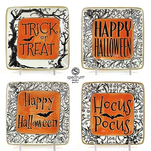 Spectrum Designz SPOOKED 5" Appetizer Plate Set 4P Orange Black Halloween Bat - Picture 1 of 12