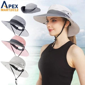 Damen Sommer Fischerhut mit Pferdeschwanz Loch Buschhut Sonnenkappe breite Krempe UV-Schutz - Bild 1 von 12