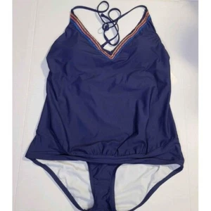 New Beach Scene Collection Blue Swimsuit Tie Neck-Embroidered Neckline Sz Large - Bild 1 von 4